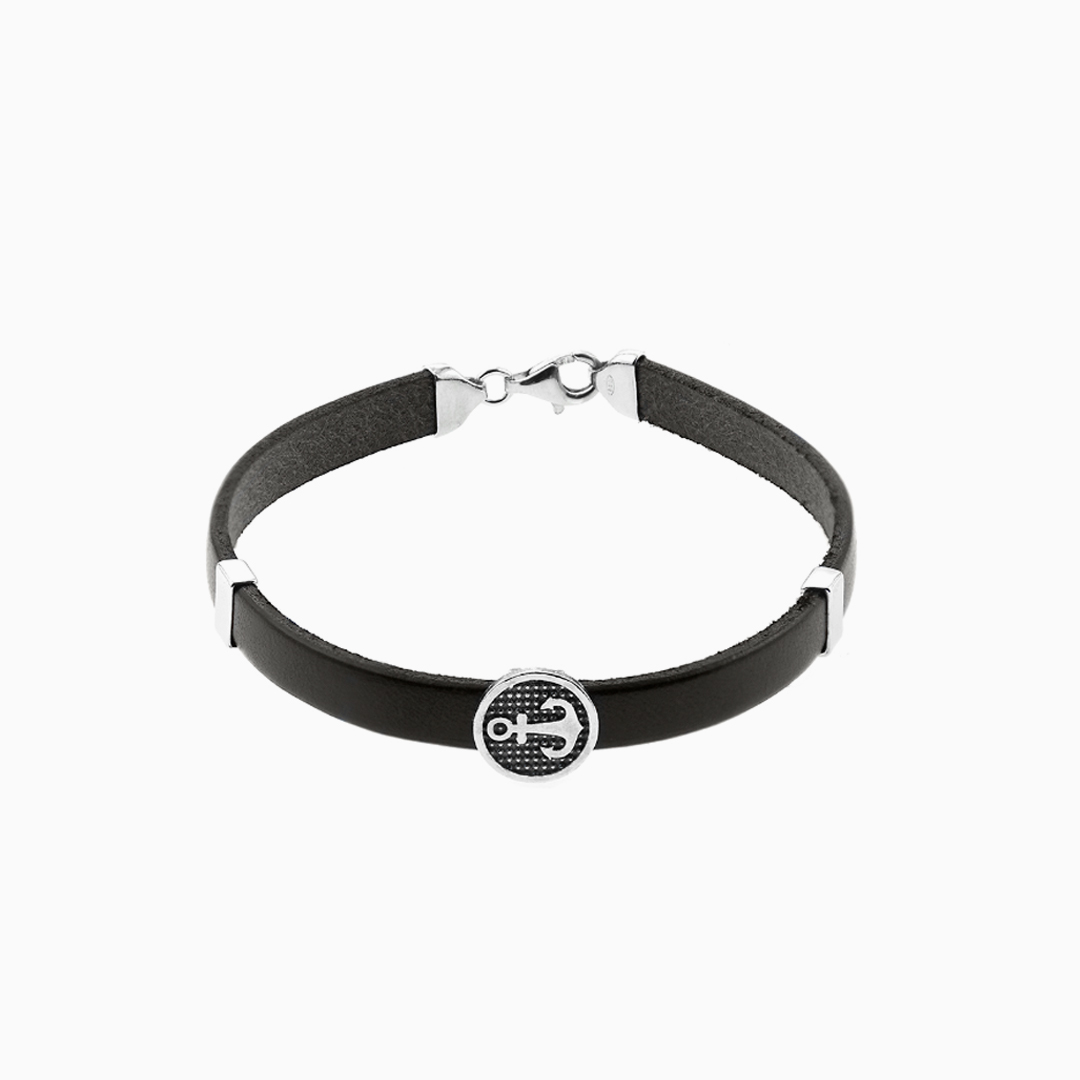 Pulsera cuero negro ancla
