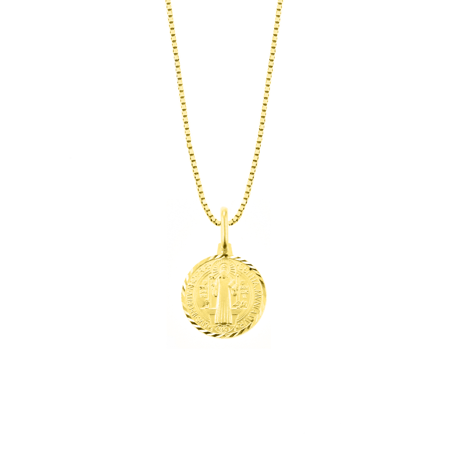 Gold Plated St. Benedict Pendant With Chain – San Benito Medal, Yellow Gold Overlay, Crystal Accents
