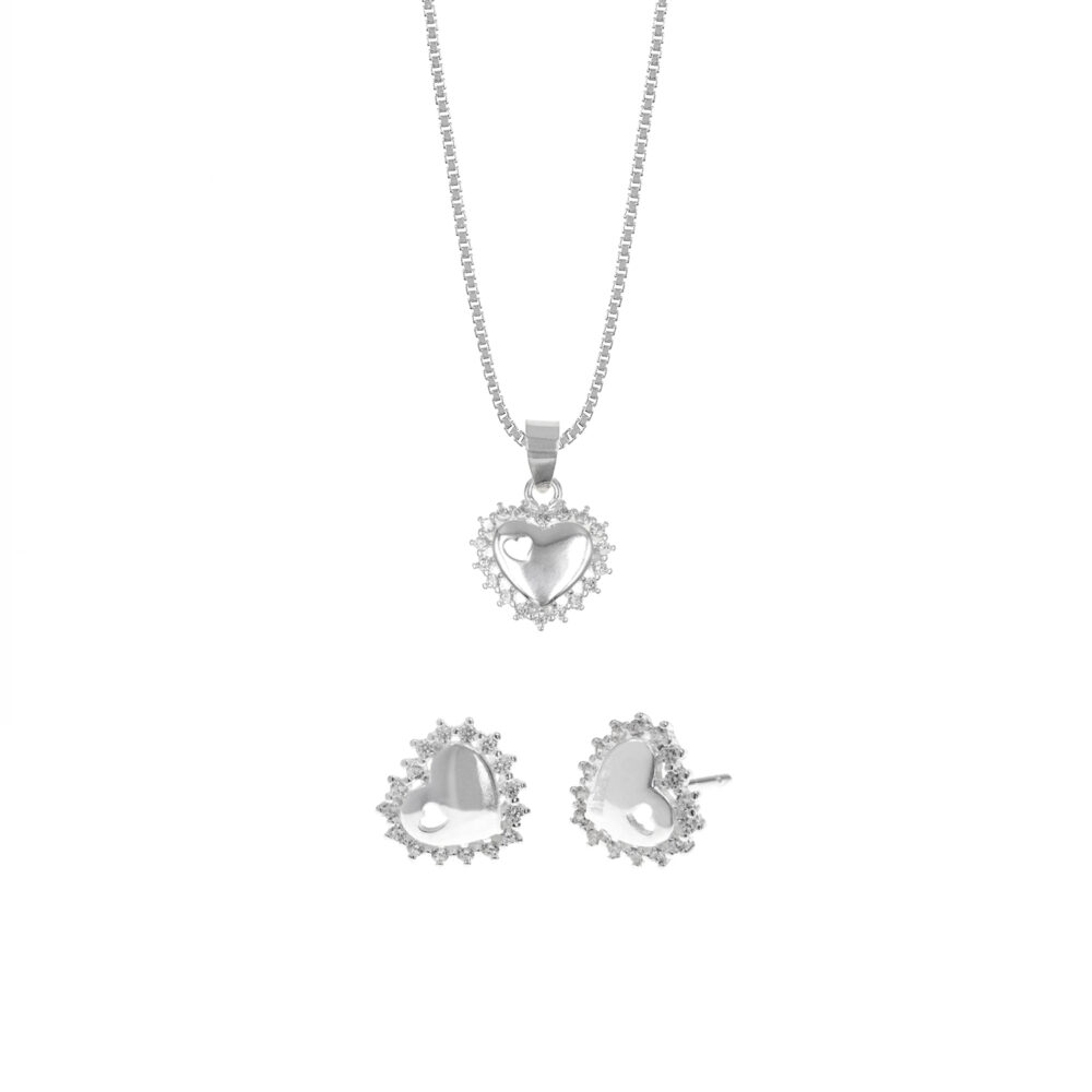 Set de Collar Y Aretes Corazón Rosetas Plata 925