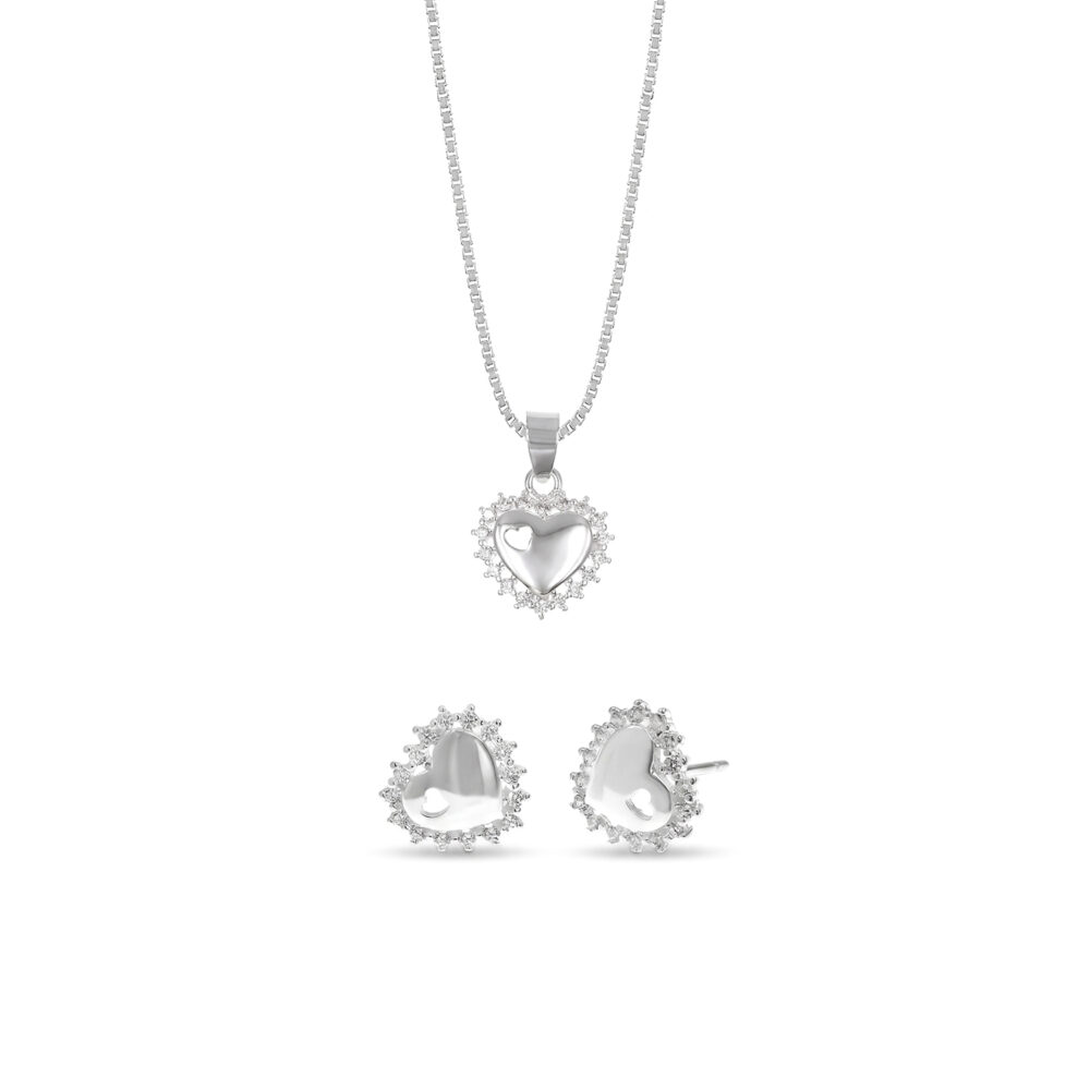 Set de Collar Y Aretes Corazón Rosetas Plata 925