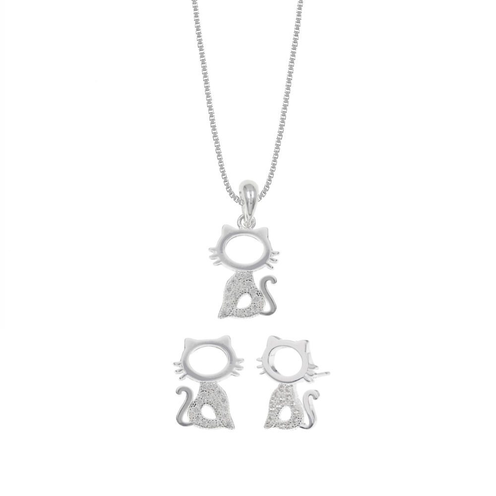 Set de Collar Y Aretes Gato Plata 925