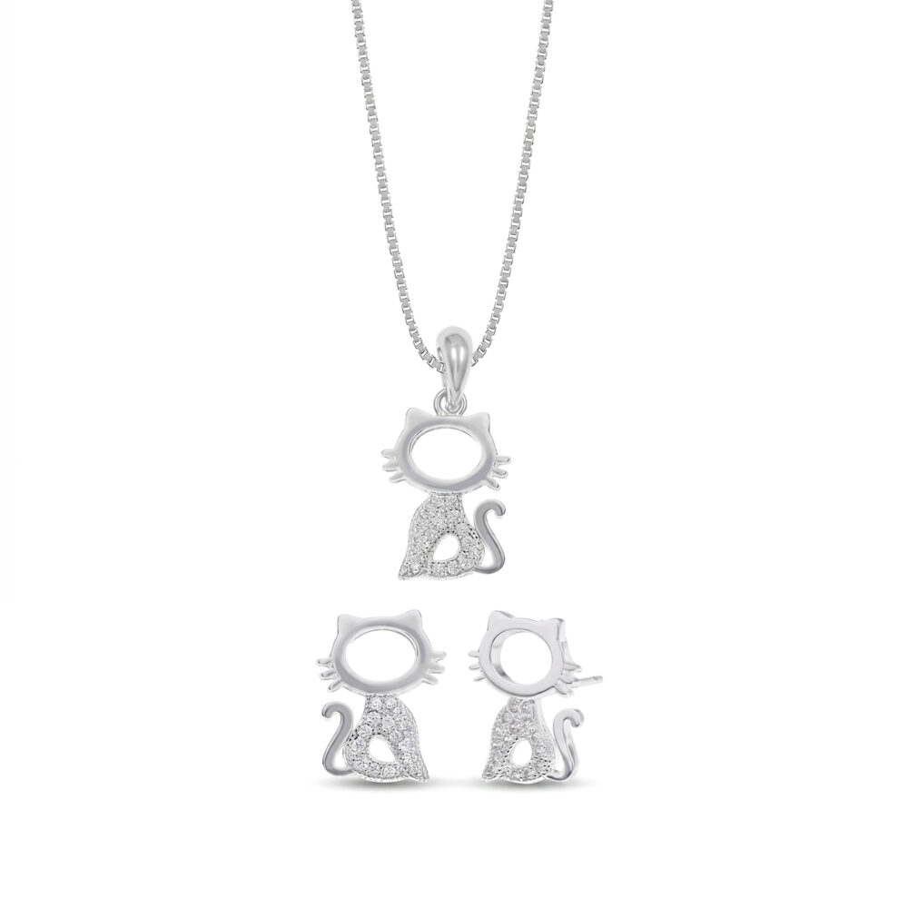 Set de Collar Y Aretes Gato Plata 925