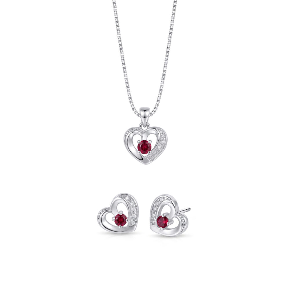 Set de Collar Y Aretes Corazón Rojo Plata 925