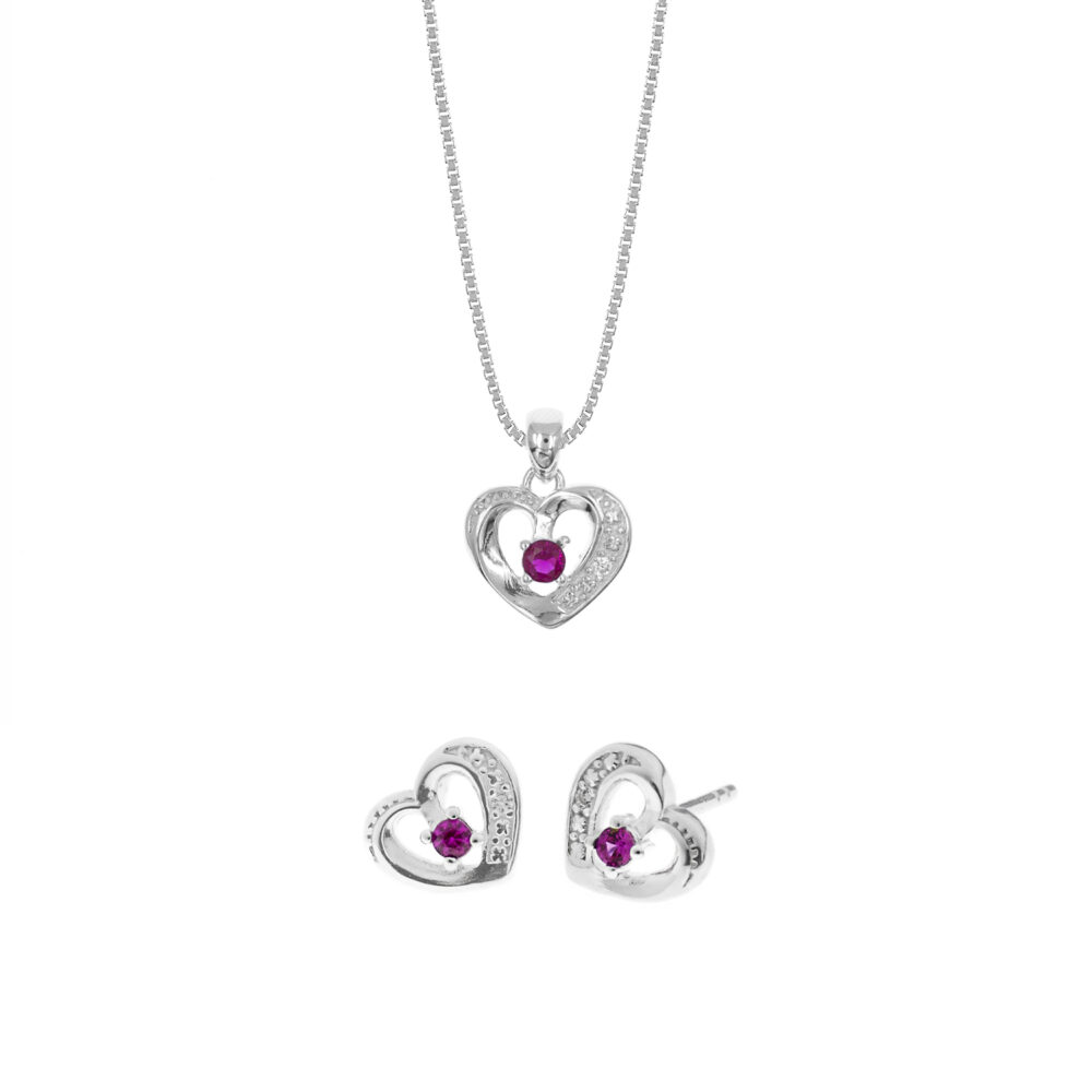 Set de Collar Y Aretes Corazón Rojo Plata 925