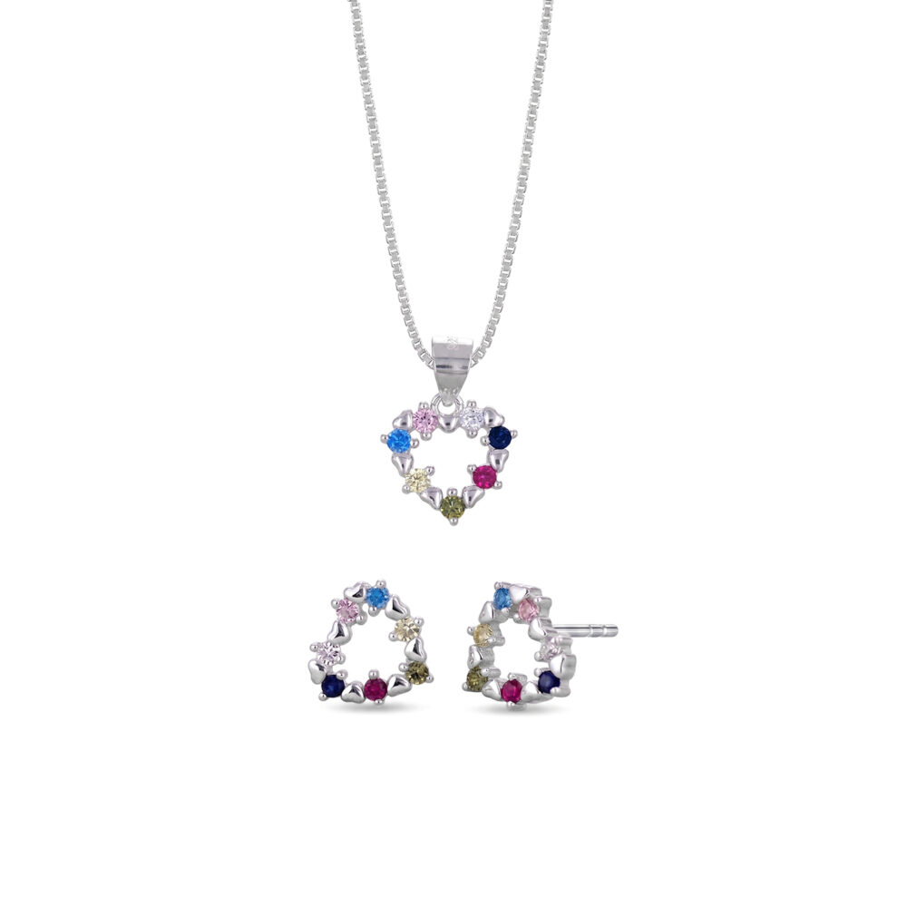 Set de Collar y Aretes Corazón Multicolor Plata 925