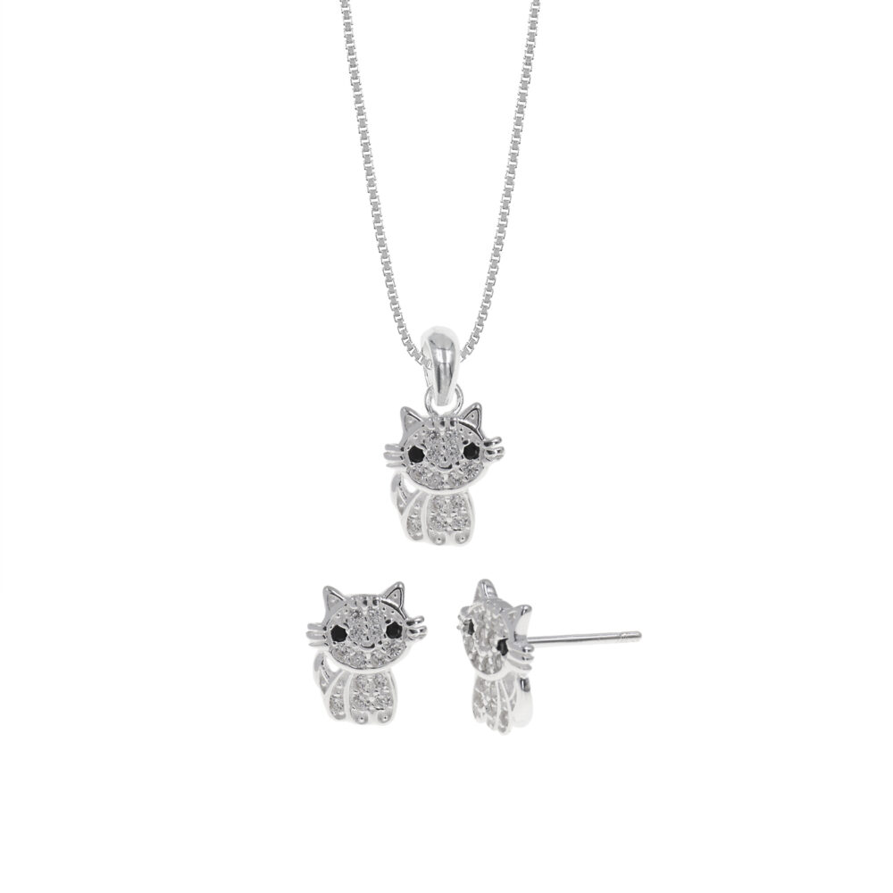 Set de Collar y Aretes Gato Plata 925