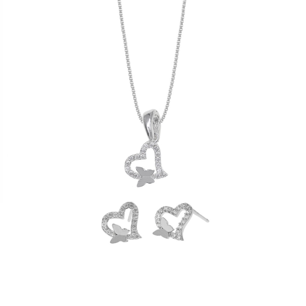 Set de Collar y Aretes Corazón & Mariposas Plata 925