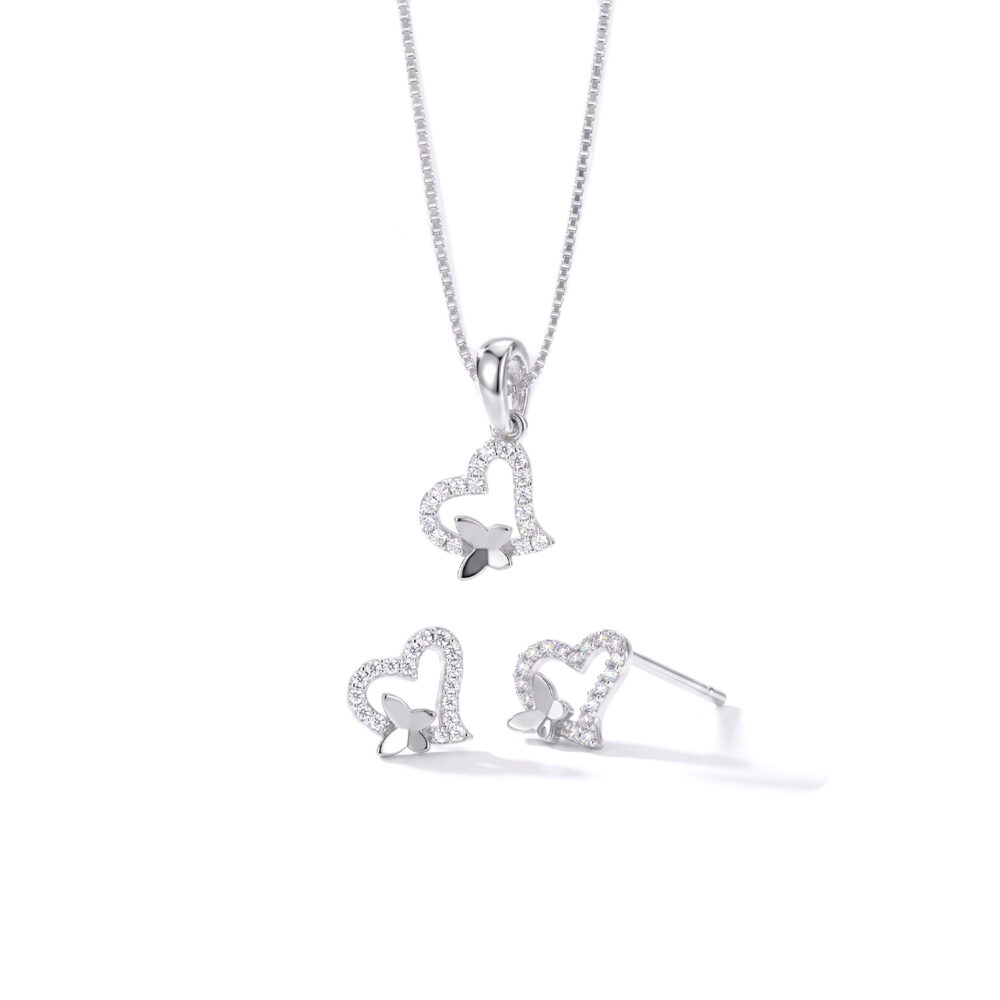 Set de Collar y Aretes Corazón & Mariposas Plata 925