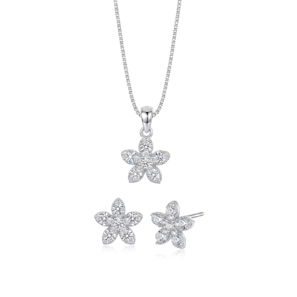 Set de Collar y Aretes Flores Plata 925