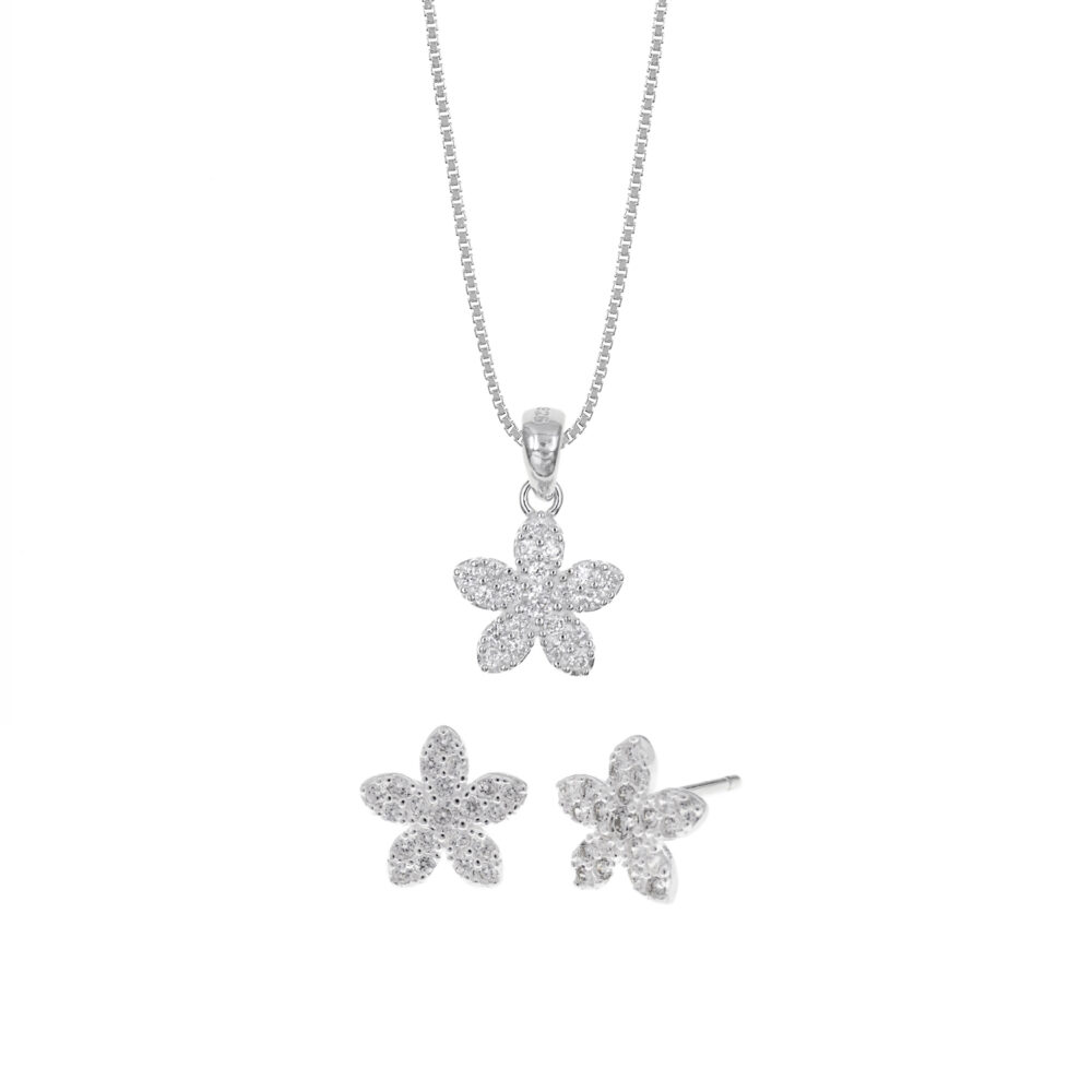Set de Collar y Aretes Flores Plata 925