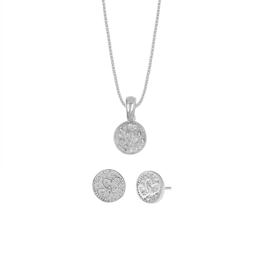 Set de Collar y Aretes Circulo Corazón Plata 925