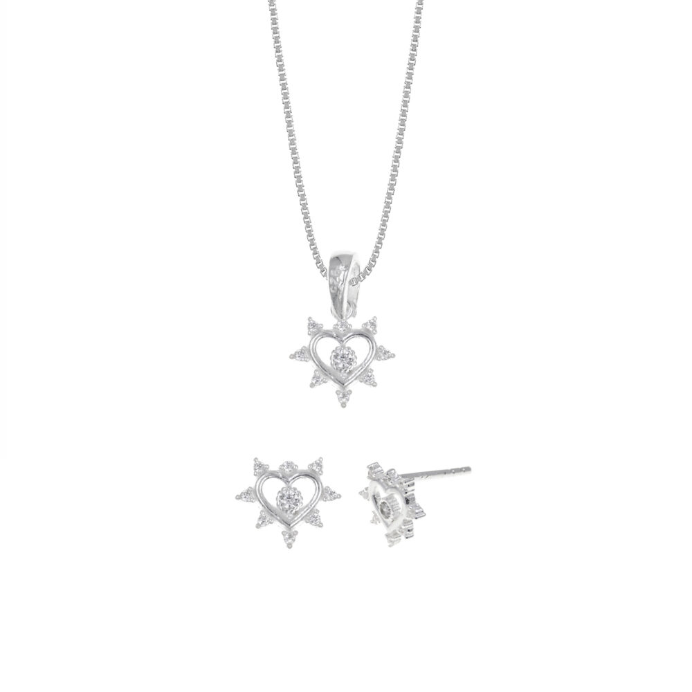Set de Collar y Aretes Corazón Corona Plata 925