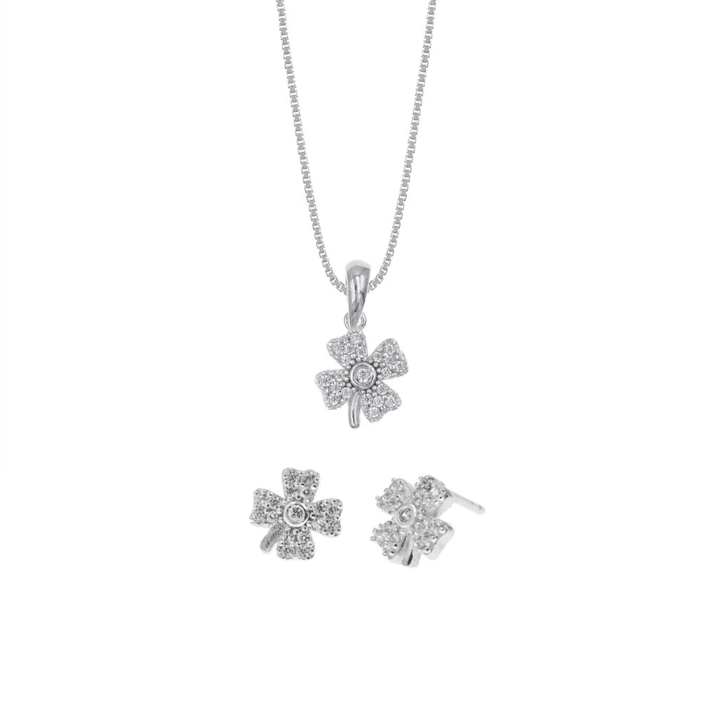 Set de Collar y Aretes Trébol Plata 925