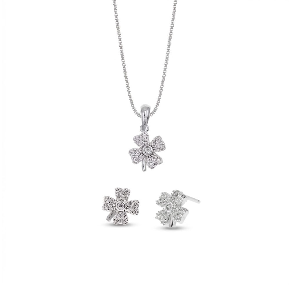 Set de Collar y Aretes Trébol Plata 925