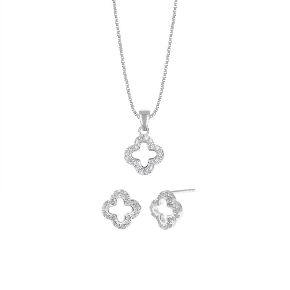 Set de Collar y Aretes Trébol Cz Plata 925
