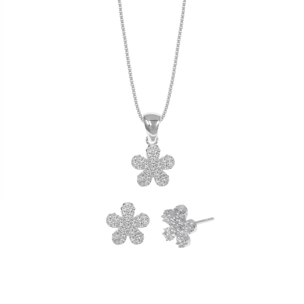 Set de Collar y Aretes Flor Cz Plata 925