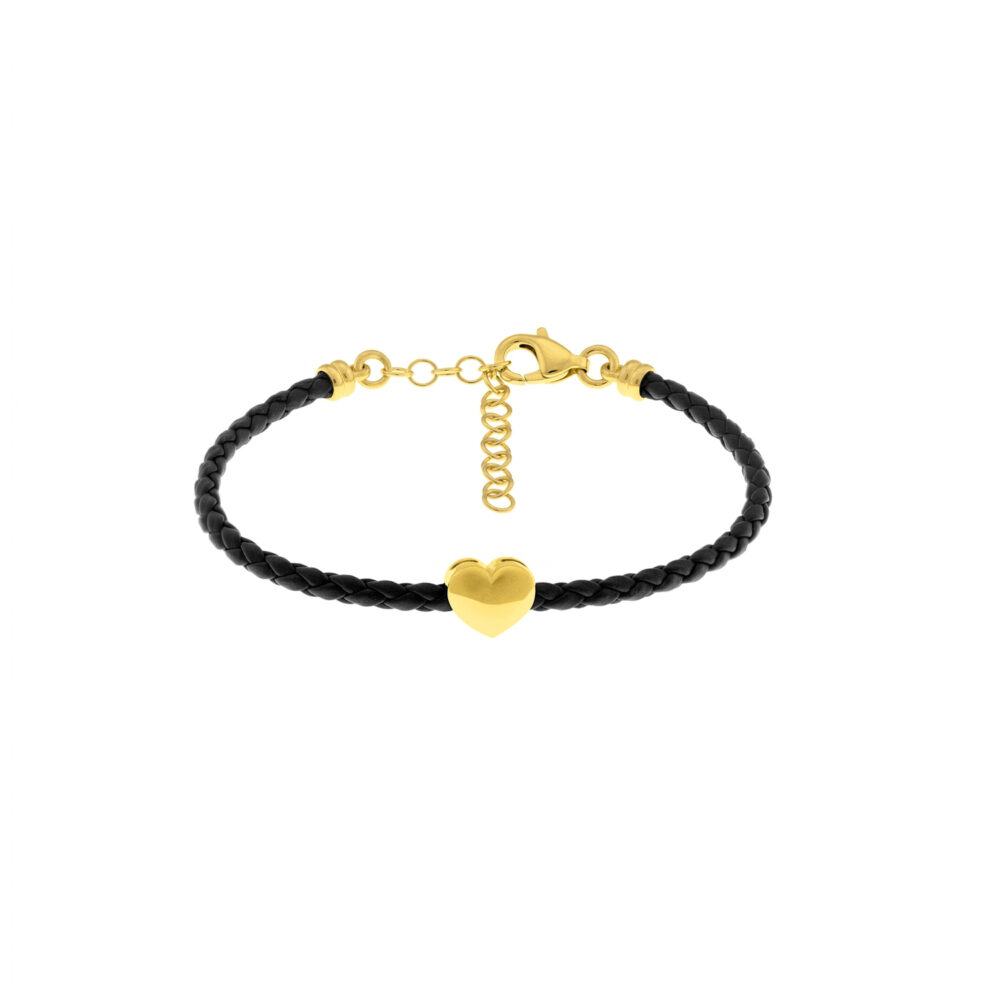 Pulsera Cuero Negro Corazón GoldenSilver